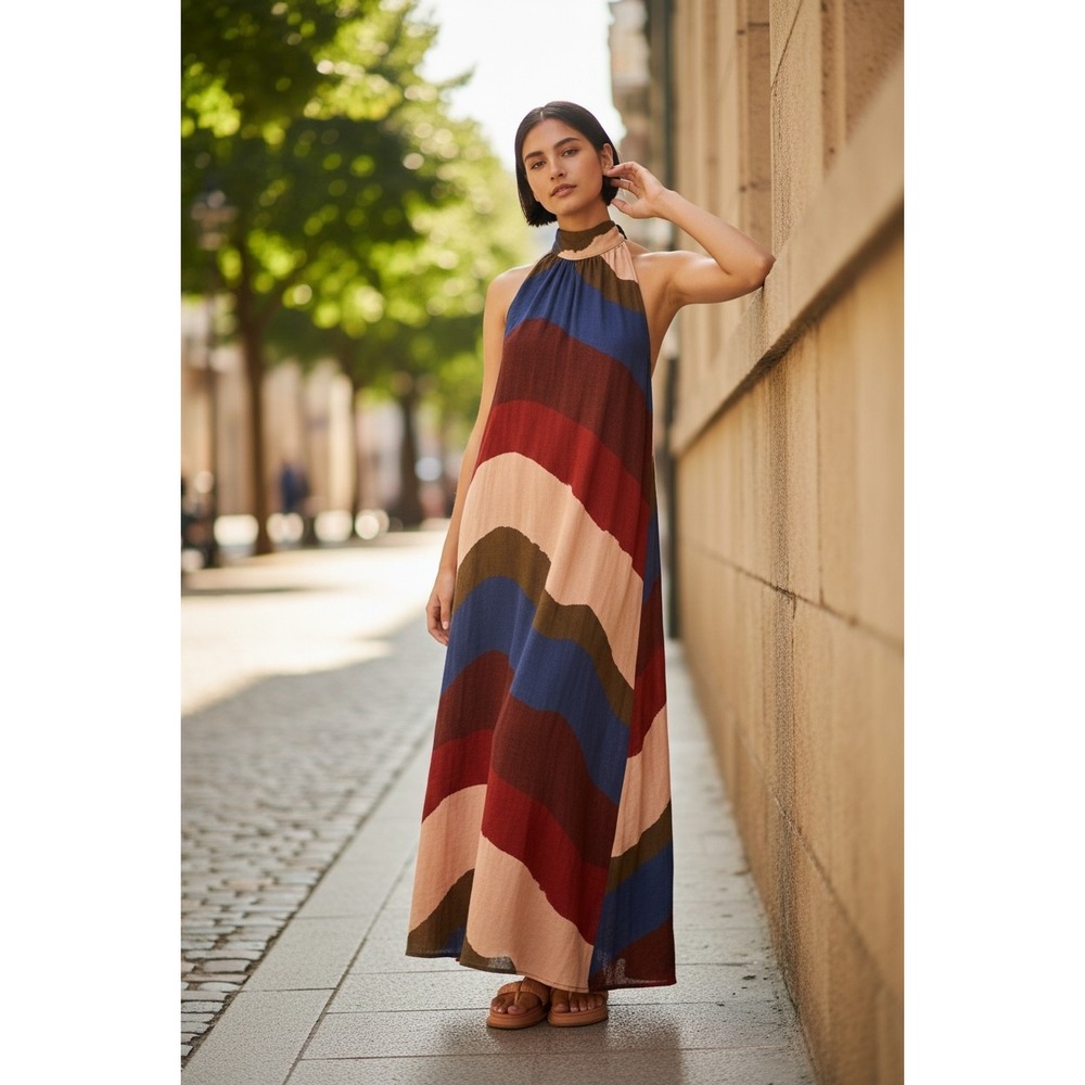Anthropologie The Odells Halter Earthy Maxi Dress‎ S Colorblock Open Back Boho